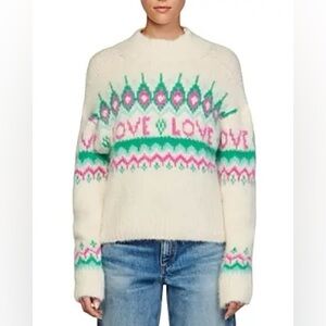 Sandro Cream Crewneck Sweater with Pink & Green Fair Isle
